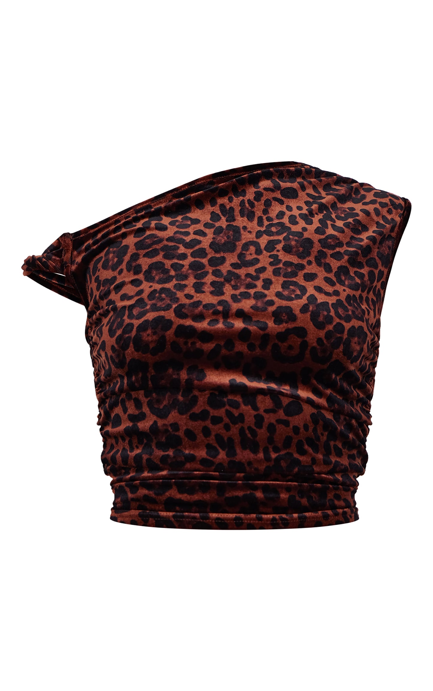 Brown Velvet Leopard Printed Asymmetric Shoulder Detail Long Top Next Day Delivery