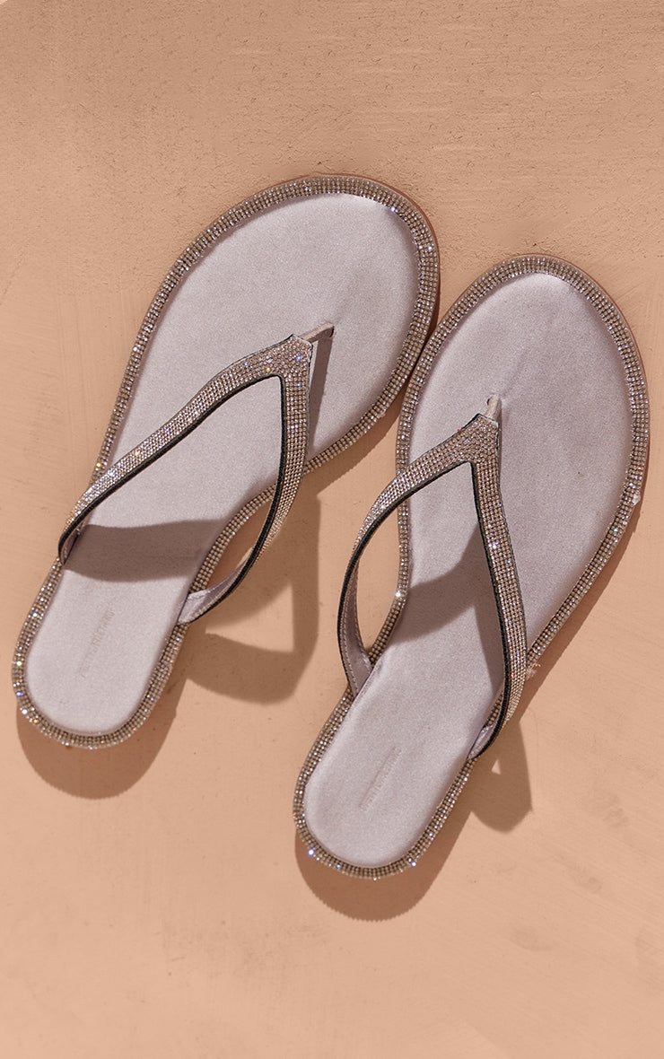 Next Day Delivery Before 10pm Silver Satin Round Toe Thong Diamante Trim Flat Sandals