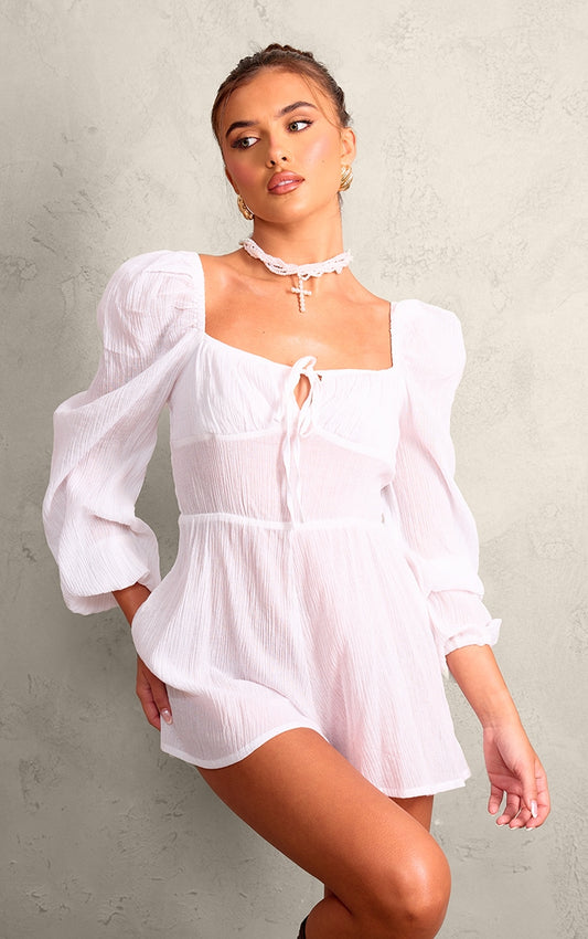 Next Day Delivery Before 10 PM Summer Dream: White Tie-Front Textured Playsuit