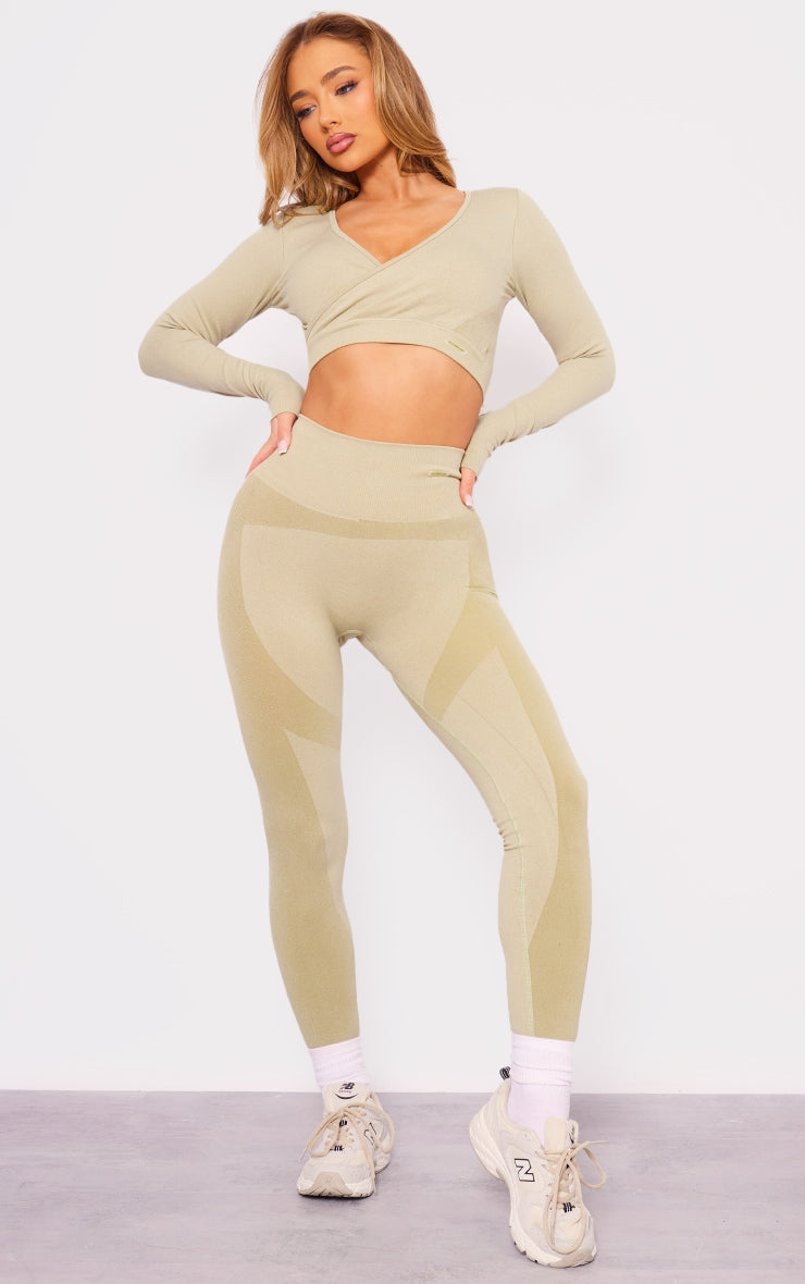 Next Day Delivery Before 10 PM SPORT Olive Seamless Ruched Bum Panel Detail Leggings