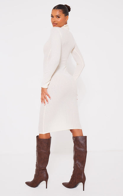 Cream Long Sleeve High Neck Knot Front Midaxi Dress Next Day Delivery Before 10 pm