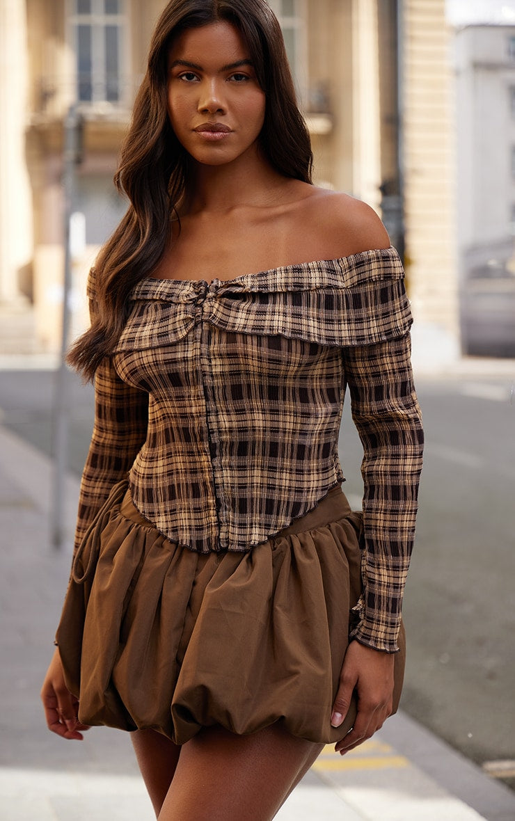 Brown Plisse Chiffon Check Bardot Blouse Next Day 10PM