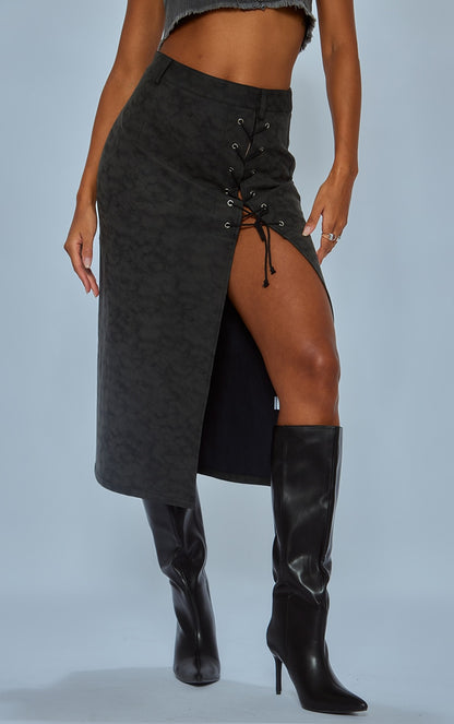 Next Day Delivery Before 10 PM Washed Black Faux Leather Lace Up Midi Skirt