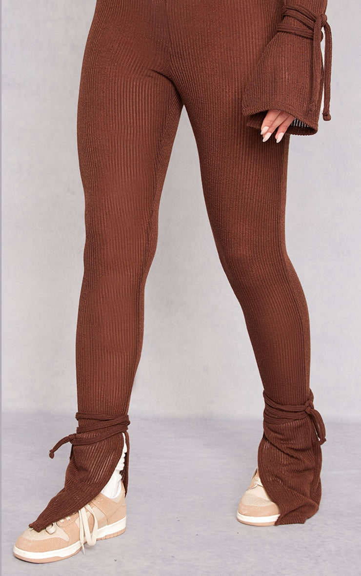 Next Day Delivery Before 10pm Chocolate Sheer Soft Rib Split Hem Tie Detail Leggings