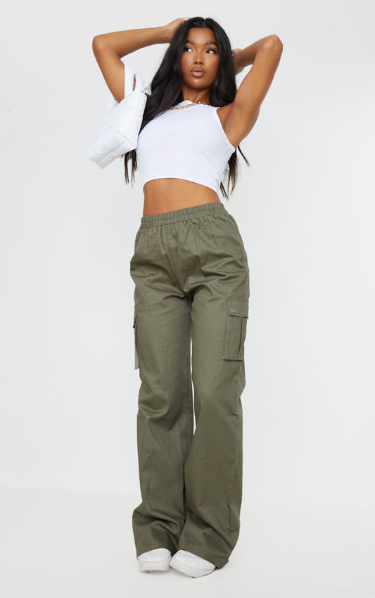Next Day Delivery Before 10 pm Khaki Wide Leg High Waisted Cargo Trousers