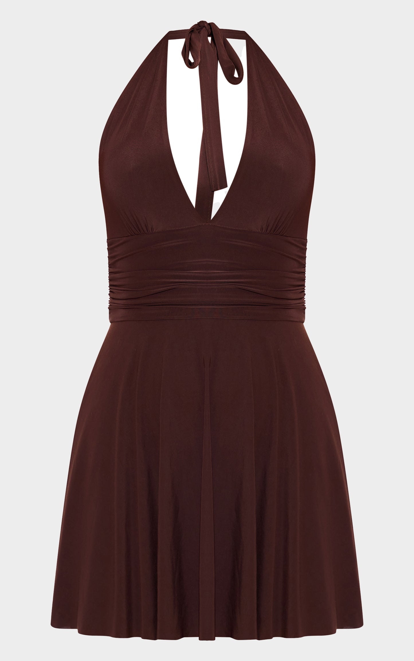 Burgundy Double Layer Slinky Halter Neck Tie Back Shift Dress