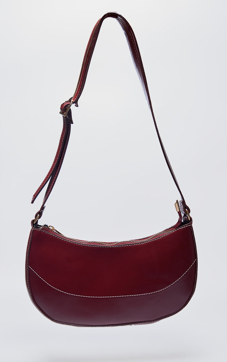 Burgundy PU Contrast Stitch Shoulder Bag