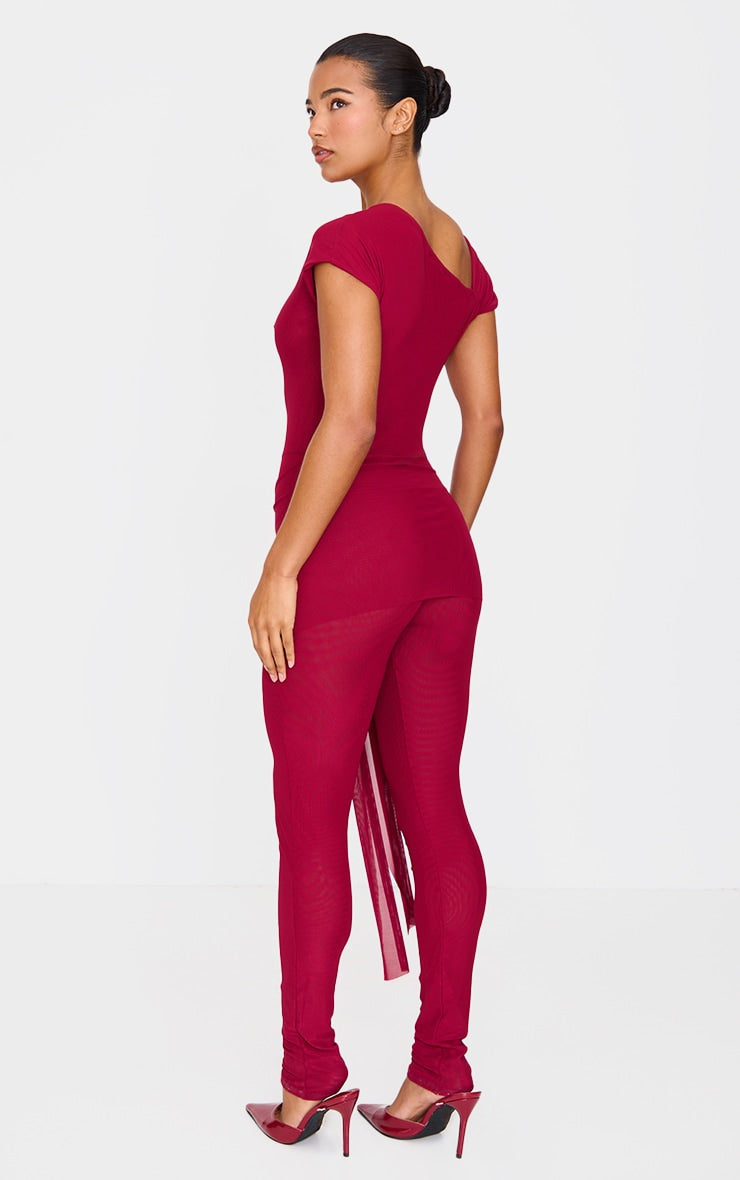 Burgundy Mesh Asymmetric Cap Sleeve Jumpsuit Next Day Delivery 10 PM