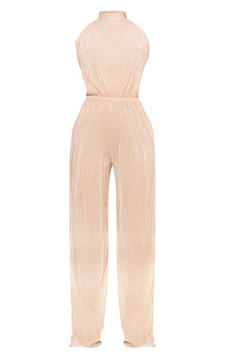 Next Day Delivery Before 10 PM Chic Champagne Plisse High Neck Jumpsuit with Wide-Leg Design