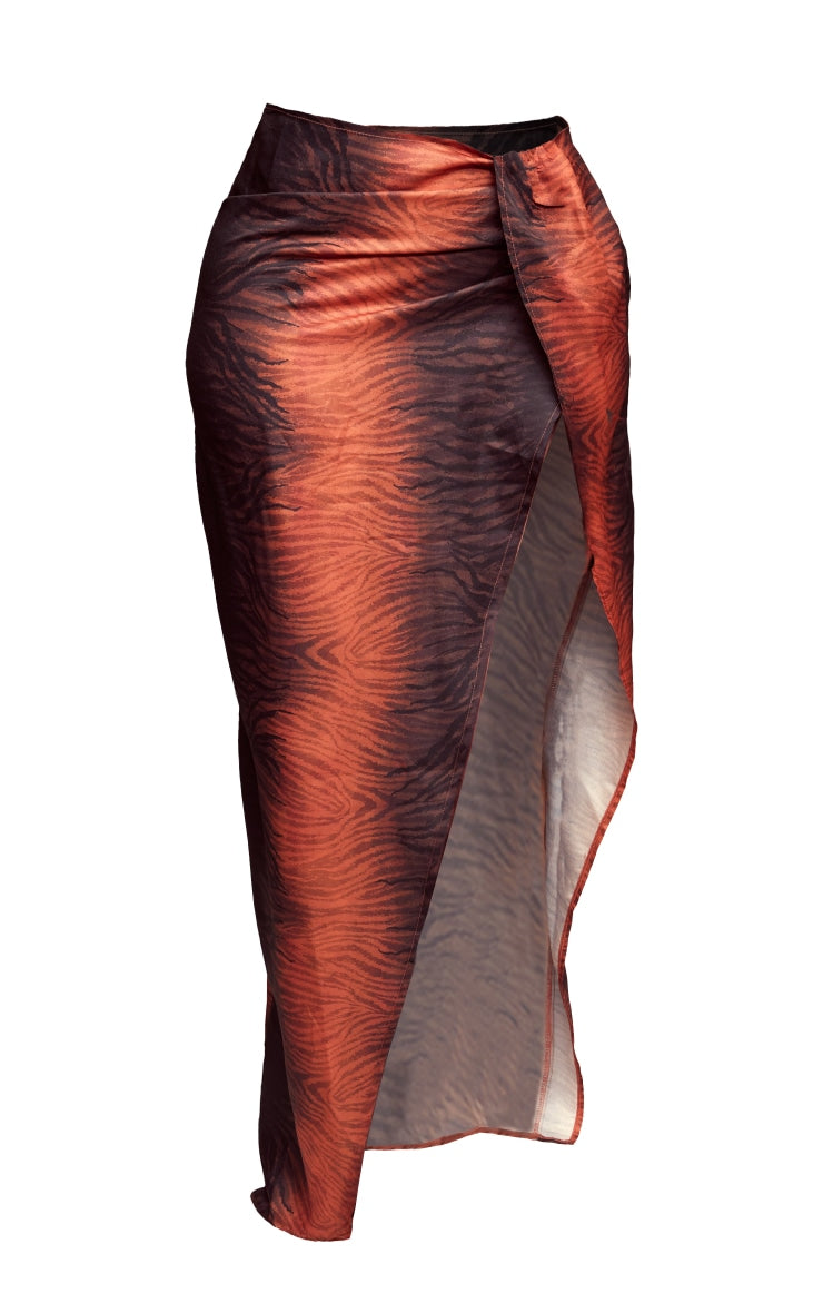 Next Day Delivery Before 10 PM Wild and Chic: Brown Zebra Printed Wrap Maxi Skirt