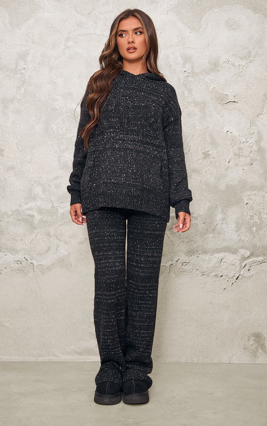 Black Space Dye Knitted Wide Leg Trousers Next Day Delivery Before 10 pm