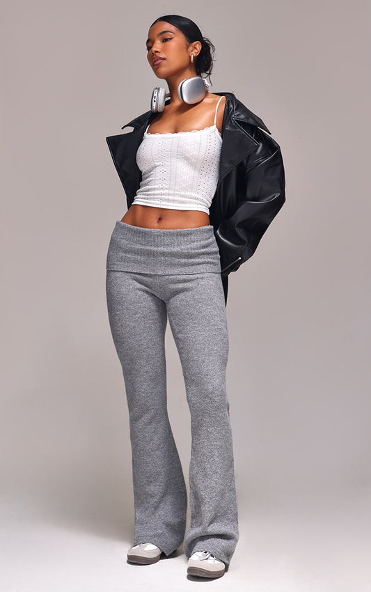 Ash Grey Melange Soft Knit Foldover Waist Flared Trousers Next Day Delivery