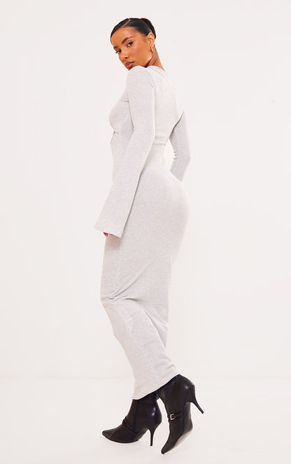 Grey Marl Rib High Neck Cut Out Flare Sleeve Maxi Dress Next Day Delivery Before 10 pm