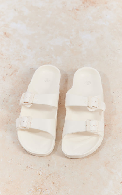 Next Day Delivery Before 10 PM White Wide-Fit Rubber Buckle Footbed Sliders: Comfort and Style Combined