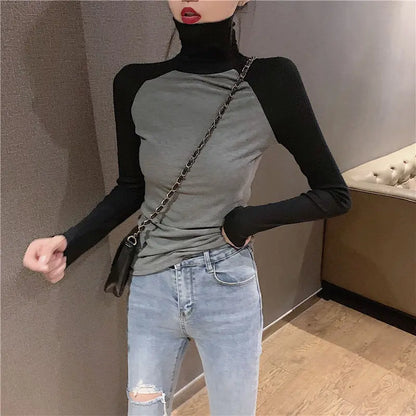 Woman TShirts Women's Turtleneck Spring and Autumn Slim Fit Demon Long-Sleeved Red T-shirt Top Crop Top Mujer Camisetas