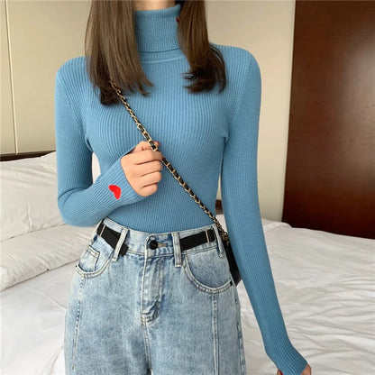 Autum Winter Turtleneck Sweater Women Knitted Ribbed Pullover Hiver Truien Dames Slim Jumper Soft Warm Pull Femme Tmbroidery Top