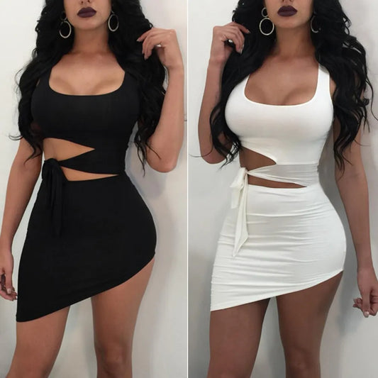 Fashion Party Dress Women Sexy Hypotenuse Hollow Out High Waist Sexy Package Hip Short Mini Dresses Evening Club Dress