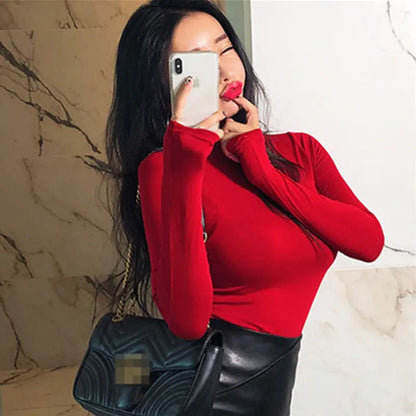 Woman TShirts Women's Turtleneck Spring and Autumn Slim Fit Demon Long-Sleeved Red T-shirt Top Crop Top Mujer Camisetas