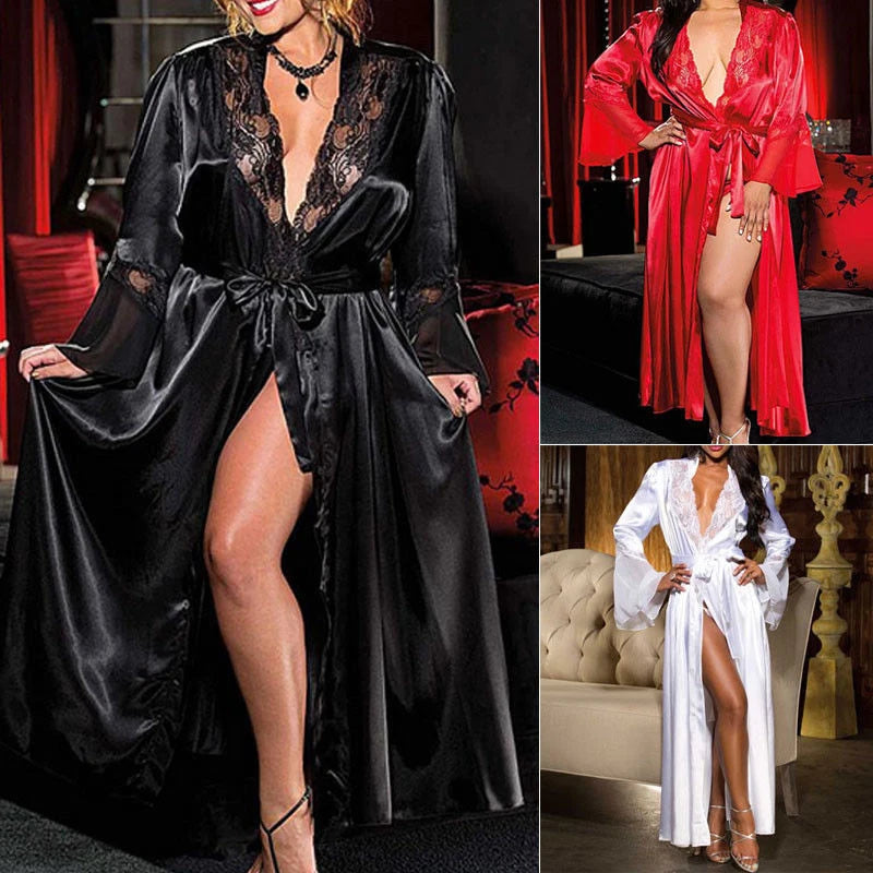 Sexy Lace Robe Simulation Silk Lace Long Sleepwear See Through Robe Nightwear Gown Bathrobe Black White Nightdress