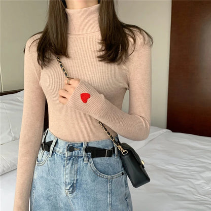 Autum Winter Turtleneck Sweater Women Knitted Ribbed Pullover Hiver Truien Dames Slim Jumper Soft Warm Pull Femme Tmbroidery Top