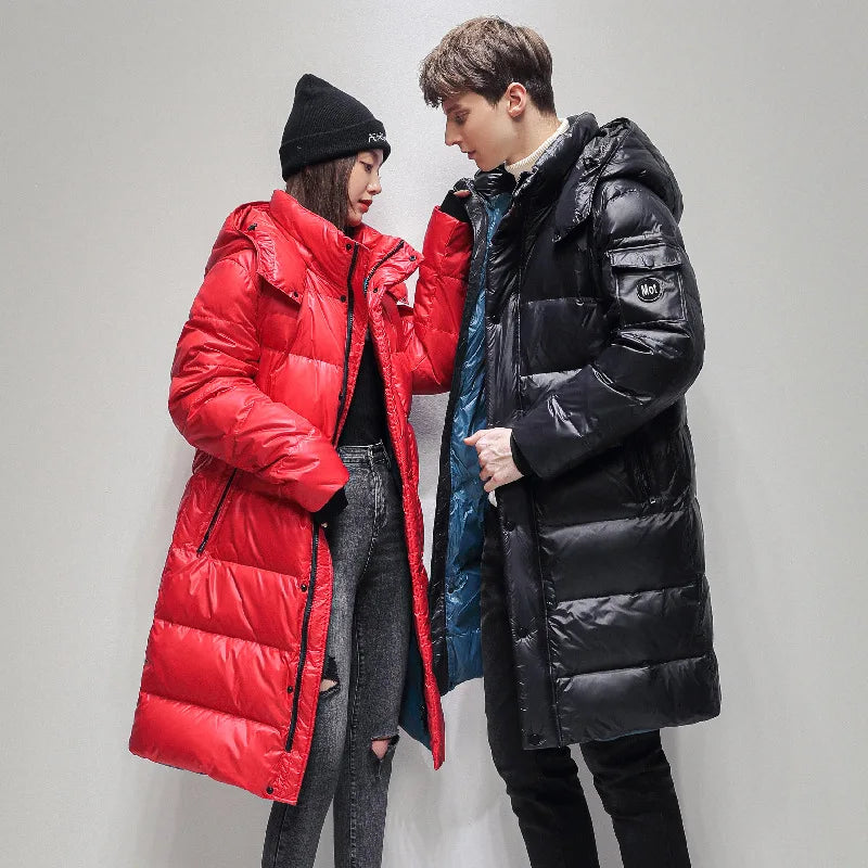 Men's Women Thick （Winter) Warm X-Long Jacket  90% White Duck Down Fashion Hooded Cold Resistant Parker Brand Red Winter Coat