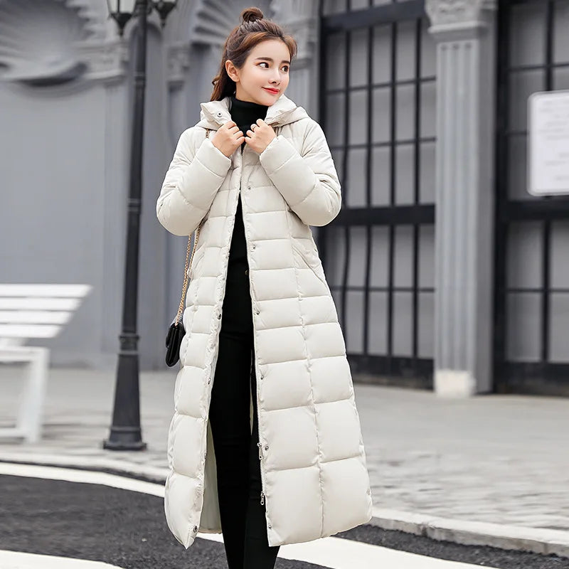 UHYTGF 2023 Winter Jacket Women's Warm Parkas Fashion Bow Belt Fox Fur Collar Long Coat Women's Oversize Vintage Thick Coat 1050