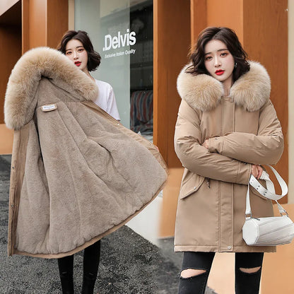 Women Parka Fashion Long Coat Wool Liner Hooded Parkas 2023 New Winter Jacket Slim with Fur Collar Warm Snow Wear Padded Clothes