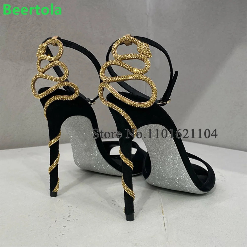 Black Back Snake Design Luxury Sandals For Female Women 2023 New Arrivals Thin High Heel Ankle Buckle Strap Fashion Elegant Shoe