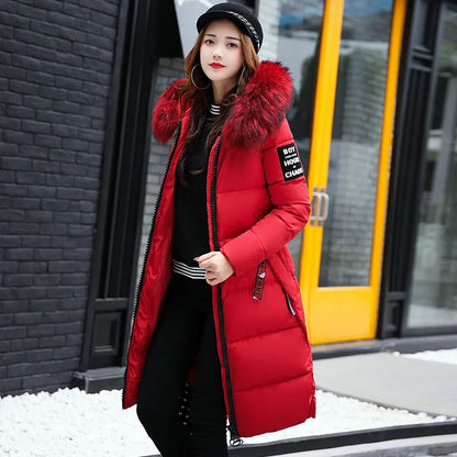 2022 Women's Down Parkas Winter Jacket Big Fur Collar Thick Slim Coat Fashion Hooded Cotton Outerwear Long Winter Woman Coat