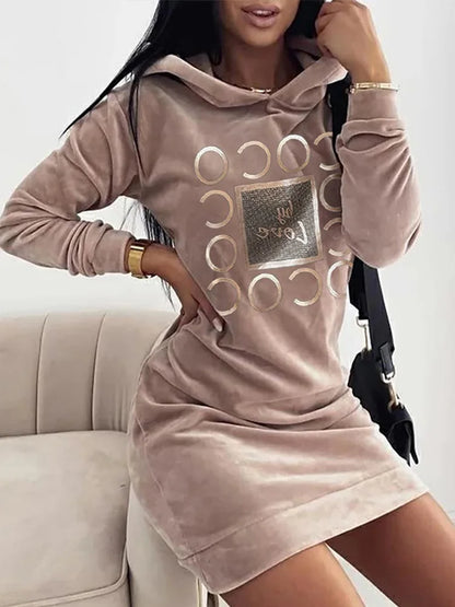 Women Long Sweater Dresses LOVE Print Hooded Loose High Collar Sweatshirts Long Sleeve Pullover Fall Winter Y2K Street Style Top