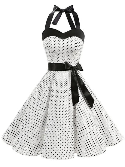 Women Polka Dot Print Summer Dress Sexy Retro White Halter Vintage Dress Robe Femme Pin Up Rockabilly Party Dress