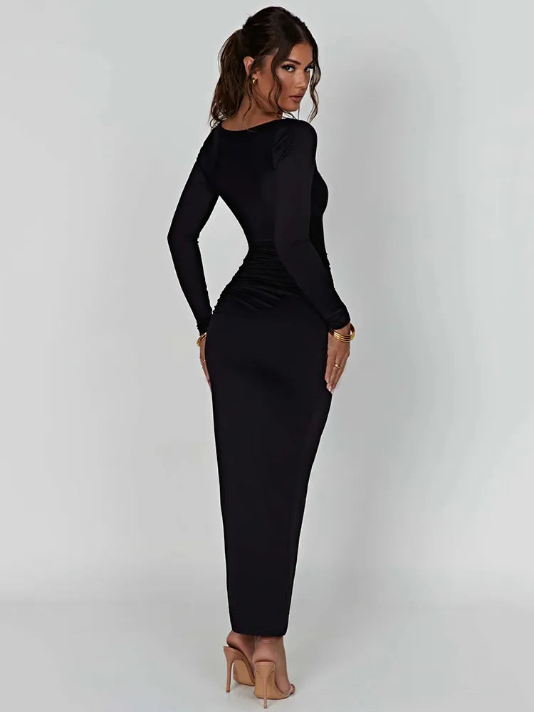 Mozision Long Sleeve Ruched High Split Maxi Dress Women Square Collar Drawstring Bodycon Sexy Party Long Dress Elegant Autumn