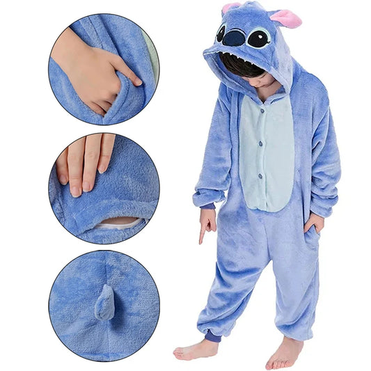 Kids Lilo Stitch Cosplay Costumes Jumpsuit Kigurumi Pajamas Stitch Cute Child Hooded Sleepwear Halloween Boys Girls Clothes