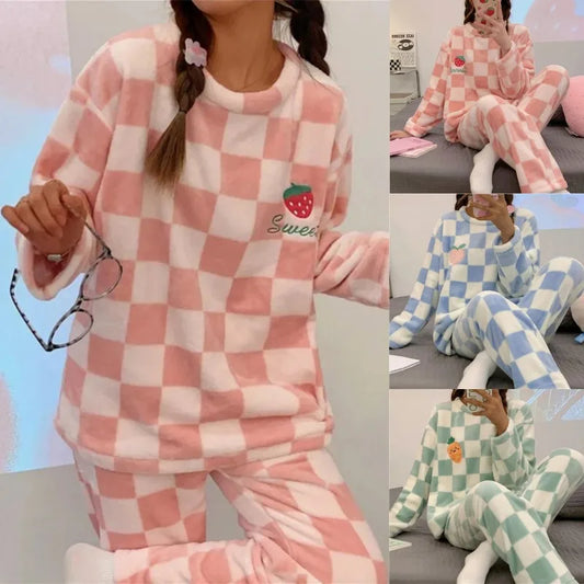 Autumn Winter Kawaii Cartoon Pajama Sets Women Pyjamas Plaid Flannel Loung Sleepwear Girl Pijama Night Suits Homewear Pj Suit