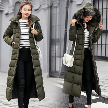 UHYTGF 2023 Winter Jacket Women's Warm Parkas Fashion Bow Belt Fox Fur Collar Long Coat Women's Oversize Vintage Thick Coat 1050