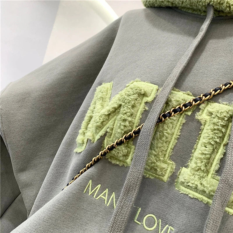 Fashion Patchwork Oversize Sweatshirt Women Winter Casual Loose Cotton Thick Letter Long Sleeve Hoodies Female Streetwear