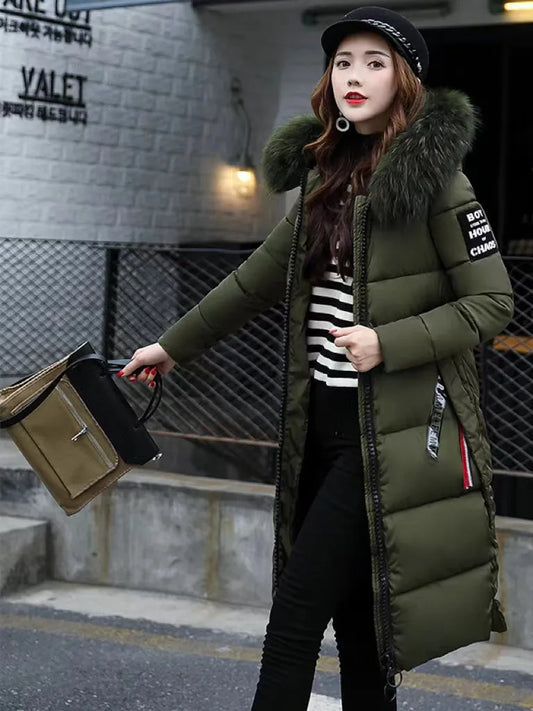 2022 Women's Down Parkas Winter Jacket Big Fur Collar Thick Slim Coat Fashion Hooded Cotton Outerwear Long Autumn Woman Jacket