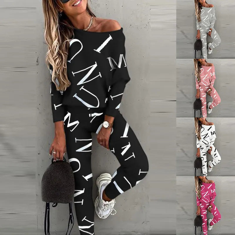 Spring New Style of Europe and the United States Women's Letters Printed Long-sleeved Trousers Casual Suit