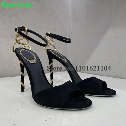 Black Back Snake Design Luxury Sandals For Female Women 2023 New Arrivals Thin High Heel Ankle Buckle Strap Fashion Elegant Shoe