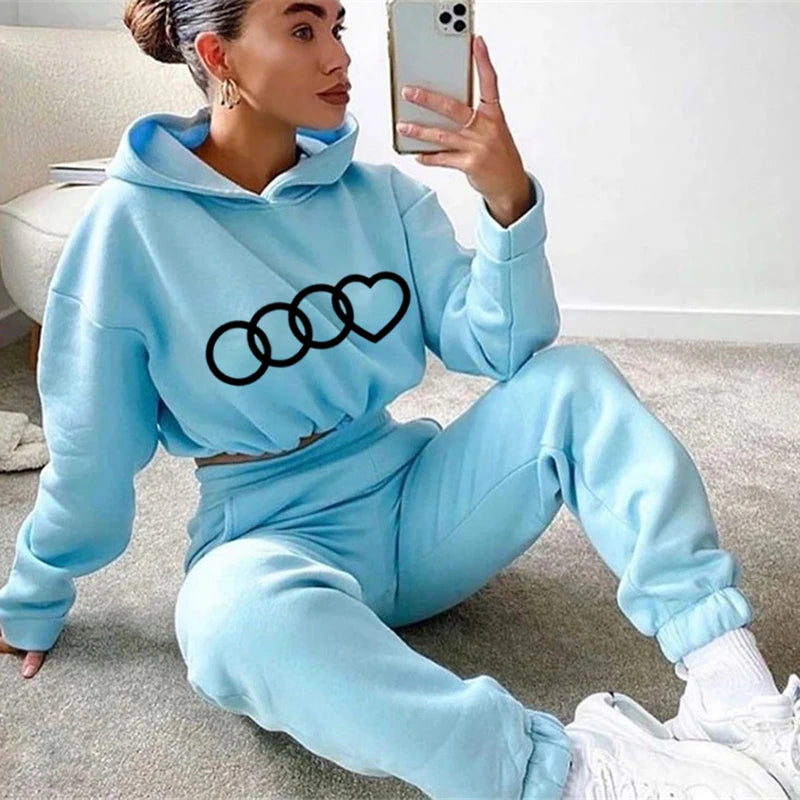 Women Hooded Sweatshirt Drawstring Short Top+Sports Pants 2-Piece Set 2023 New Autumn Winter Fashion Casual Gym Tracksuit Outfit