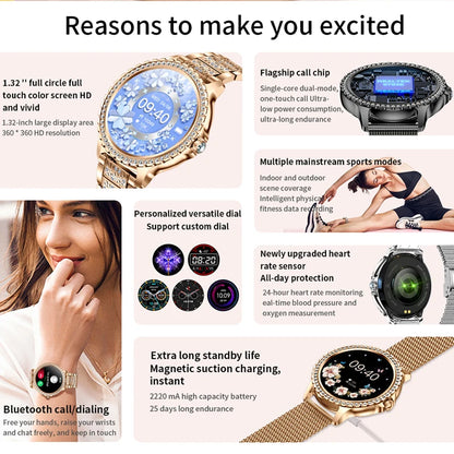 ChiBear Fashion Women Smart Watch True Blood Oxygen 1.32Inch 360*360 HD Screen Diamond Bracelet Bluetooth Call Smartwatch Ladies