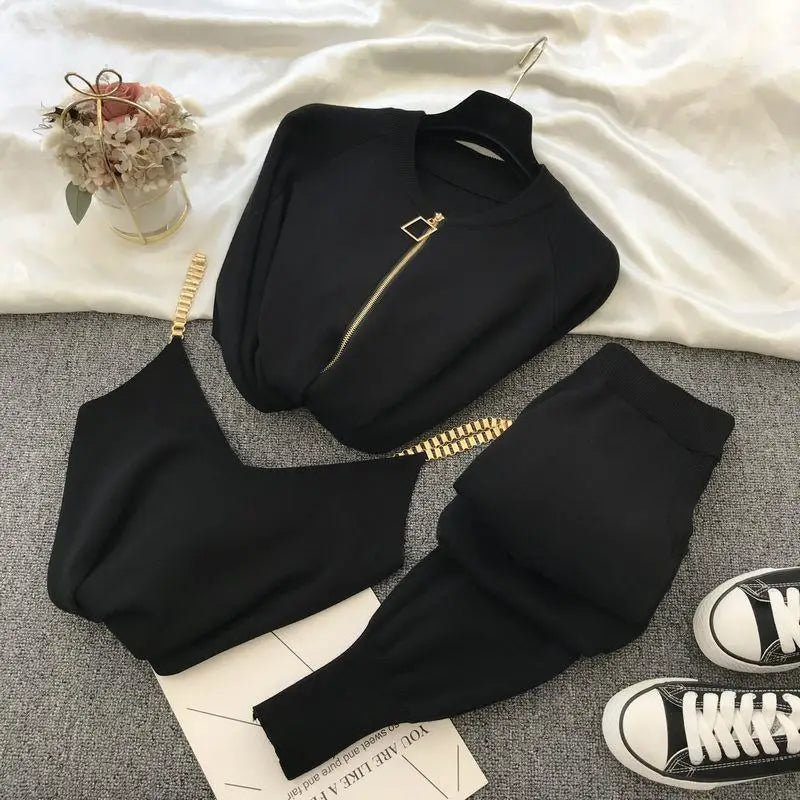 Women Zipper Knitted Cardigans Sweaters + Pants Sets + Vest Woman Fashion Jumpers Trousers 3 PCS Costumes Outfit