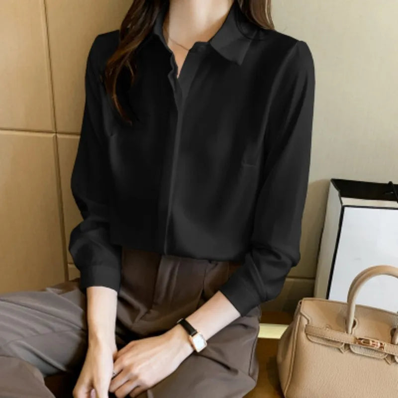 Satin Women Shirt Korean Reviews Many Clothes Solid Button Shirts and Blouses Fashion Long Sleeve Woman Blouse 2023 Womens Tops