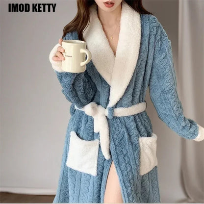 Soft Comfortable Pyjamas Women Autumn Winter Night Robe Coral Velvet Nightgown Plus Thick Bathrobe Flannel Nightdress Home Wear