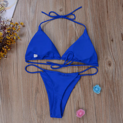 2Pcs Summer Women Bikini Set Side Tie Sexy Swimsuit Bandage Style Brazilian Swimwear Solid Color Swimming Bathing Suit