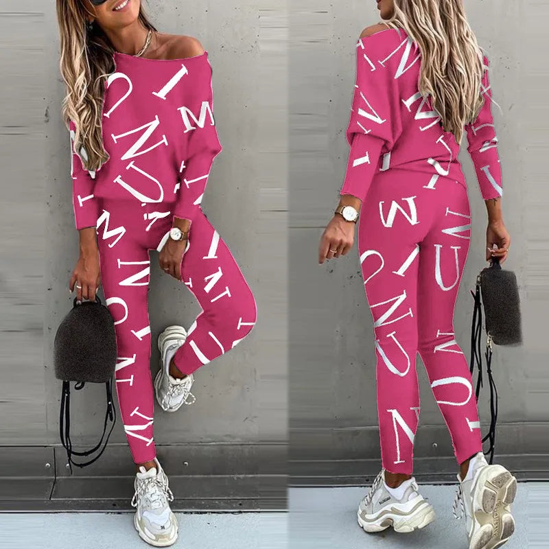 Spring New Style of Europe and the United States Women's Letters Printed Long-sleeved Trousers Casual Suit