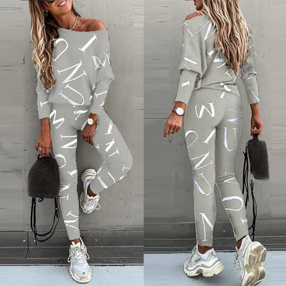 Spring New Style of Europe and the United States Women's Letters Printed Long-sleeved Trousers Casual Suit