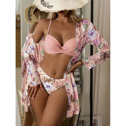 Floral Low Waist Bikini Set Cover Up Swimsuit For Women Push Up Long Sleeve Three Pieces Swimwear Beach Bathing Suits