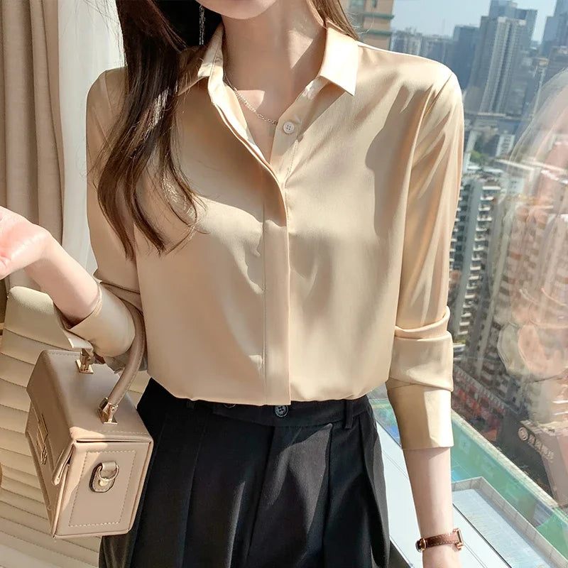 Satin Women Shirt Korean Reviews Many Clothes Solid Button Shirts and Blouses Fashion Long Sleeve Woman Blouse 2023 Womens Tops