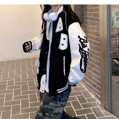 Deeptown Vintage Bomber Jacket Women Harajuku Fashion College Uniform Varsity Baseball Jackets Female Oversized Y2k Streetwear